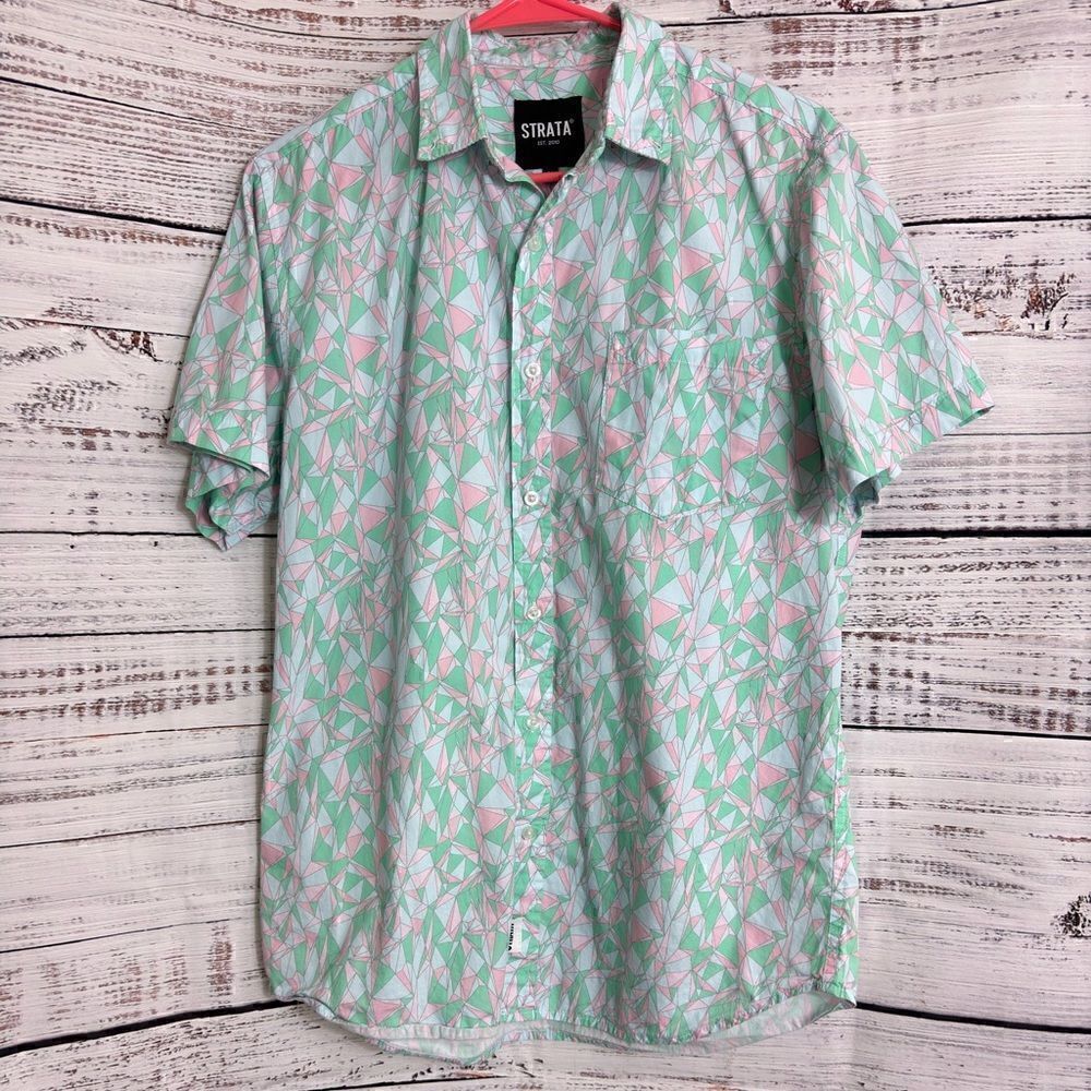 Strata Shirt Mens Size Medium Geo print Button Up Casual retro Cotton Hawaiian‎